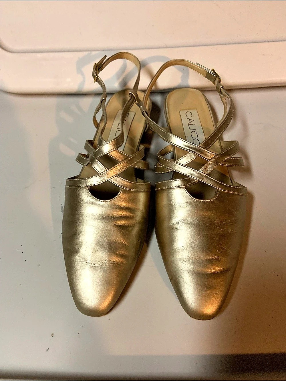 Calico Metallic Pointed-Toe Heels in Gold